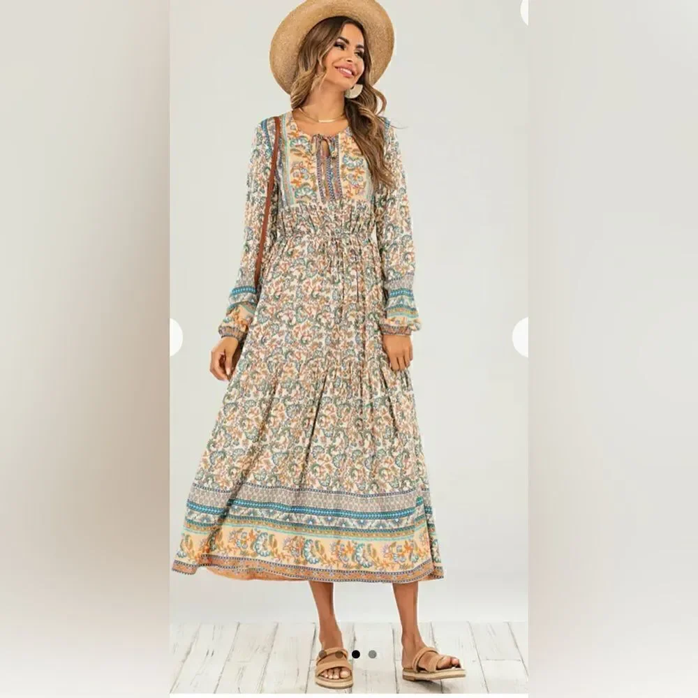 Hey Samy Smock Midi Dress In Blue & Mint Mixed Floral Printed Size M